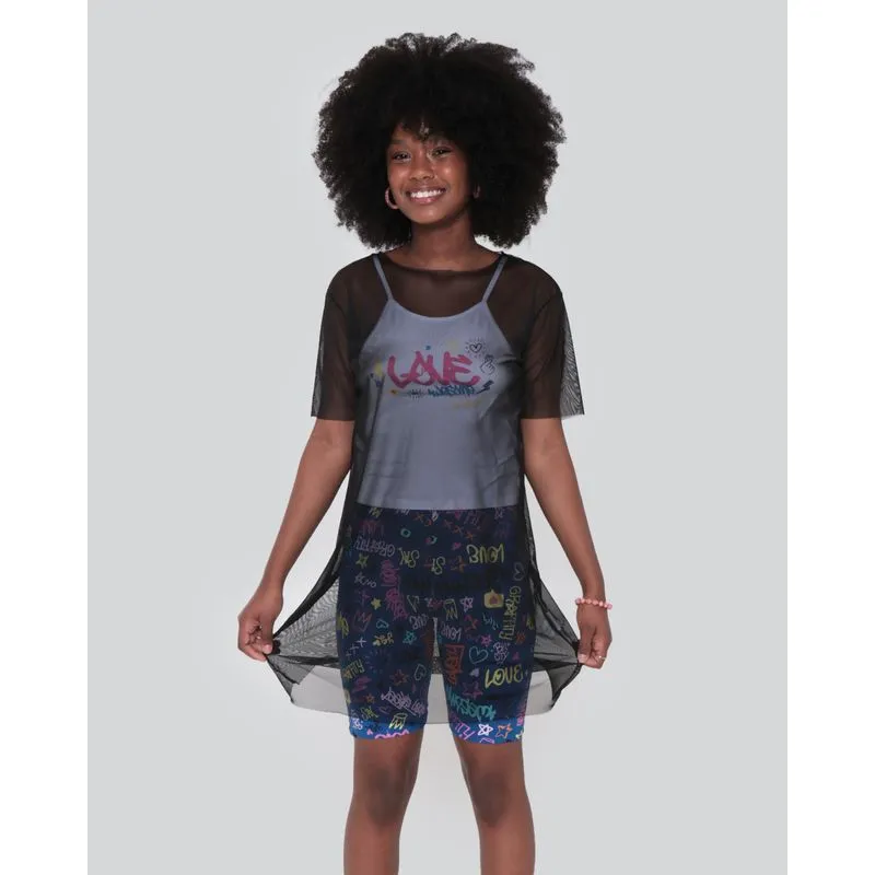 Conjunto Juvenil Tule Estampa Grafite Preto 16