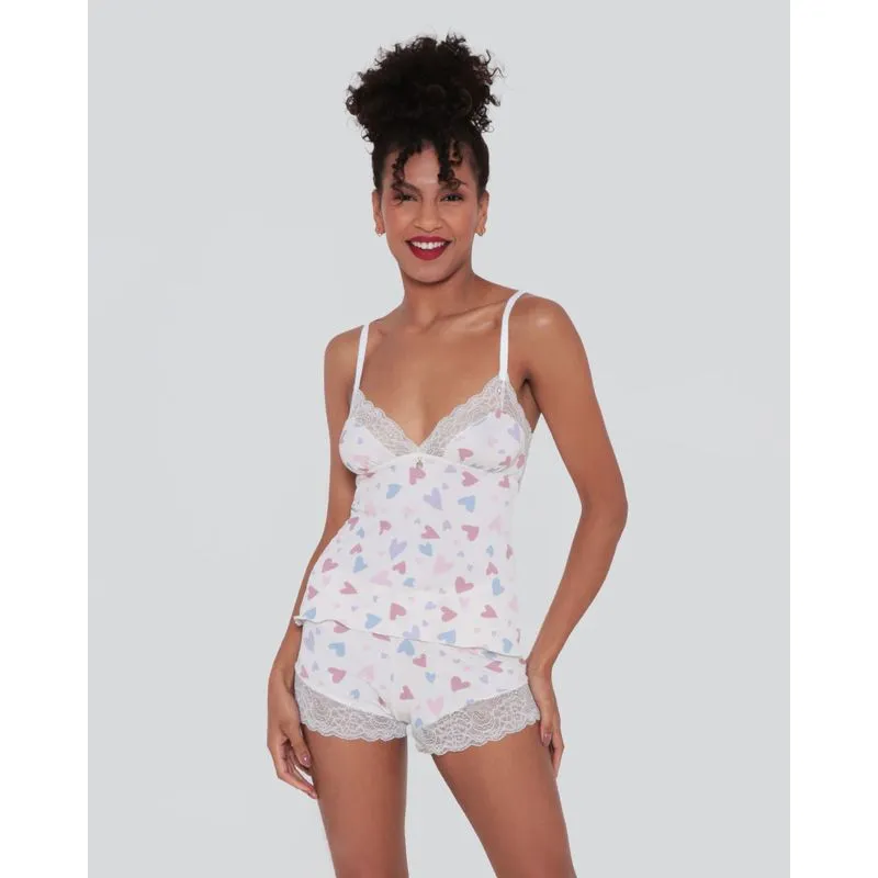 Short Doll Liganete Estampa Coração Renda Off White M