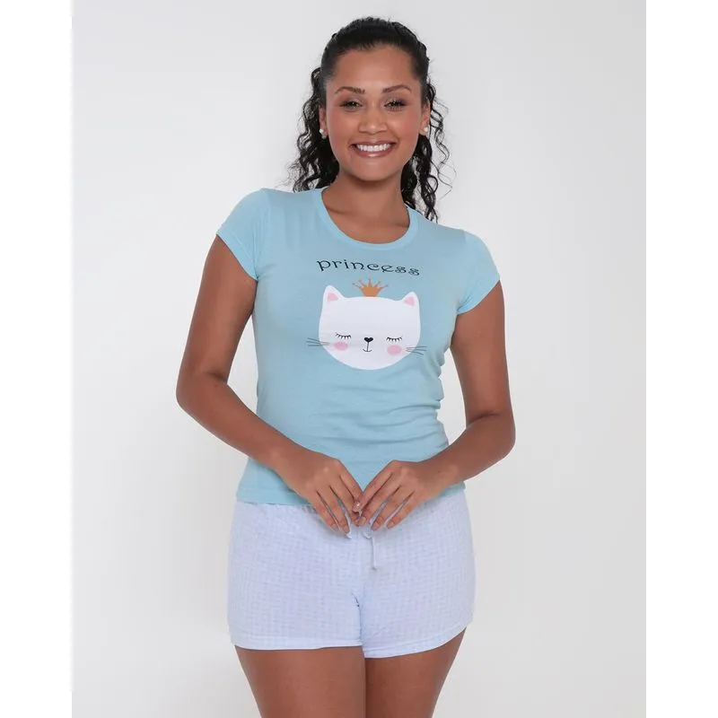 Pijama Feminino Estampa Princess Xadrez Azul G