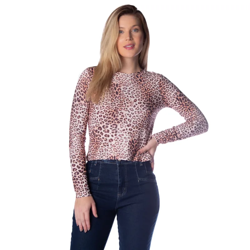 Blusa Feminina Infinitto Lady Estampa de Onça Marrom Claro - P