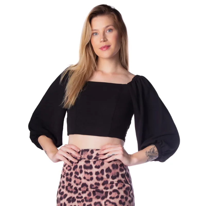 Blusa Cropped Feminina Nega Rio com Mangas Bufantes Preto - P