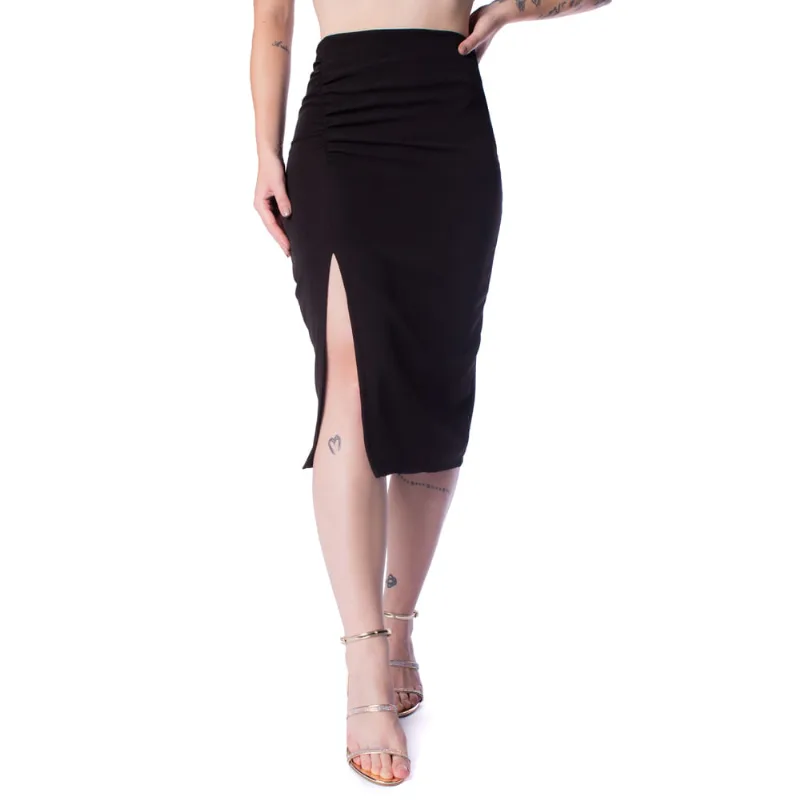 Saia Midi Feminina Nega Rio com Fenda e Detalhe Franzido Preto - M