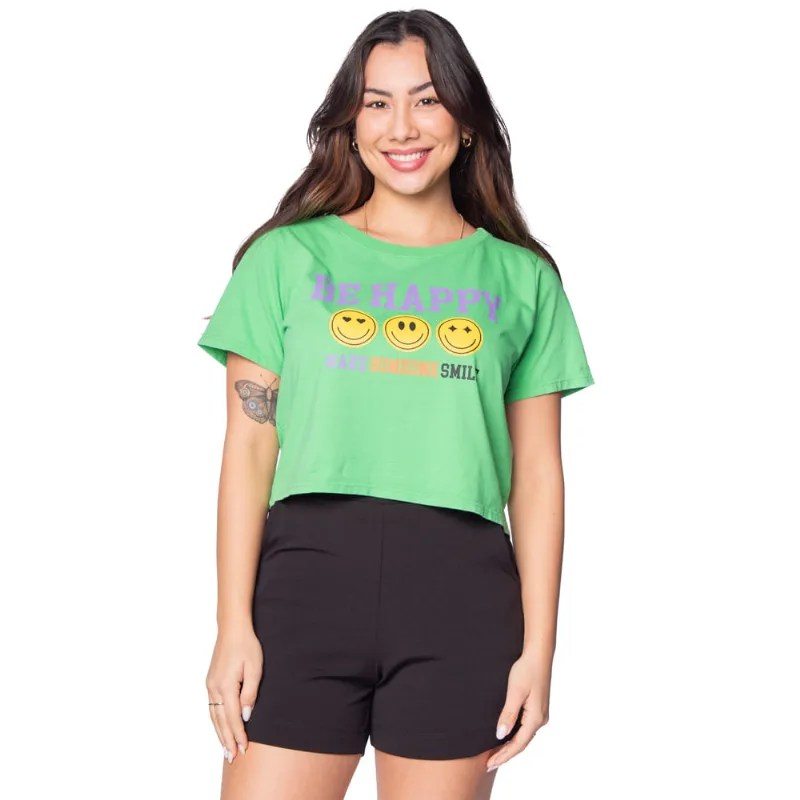 Camiseta Cropped Feminina Infinitto Lady Be Happy Verde - P