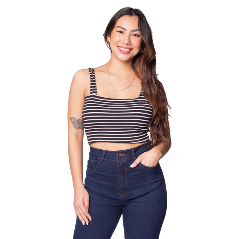 Cropped Feminino Infinitto Lady Canelado com Listras Preto - M