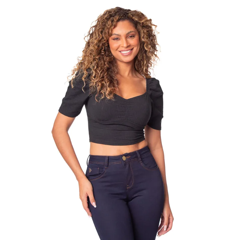 Blusa Cropped Feminina Infinitto Lady Canelada Preto - P