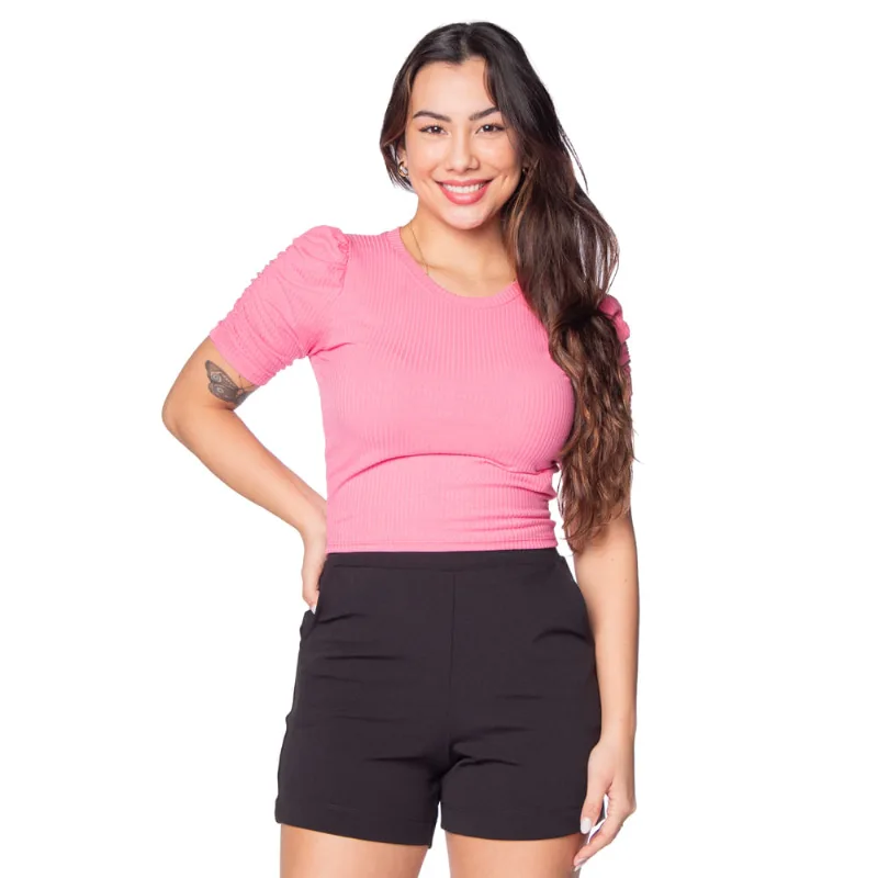 Blusa Cropped Feminina Infinitto Lady com Manga Franzida Rosa - M