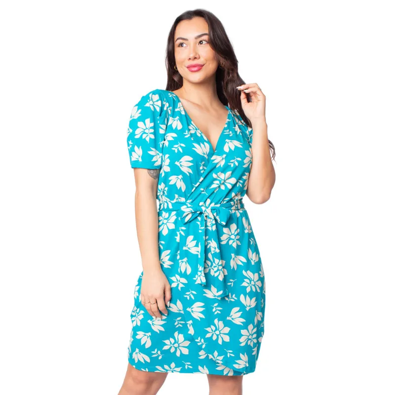 Vestido Feminino Infinitto Lady Curto Estampado com Transpasse Azul - G