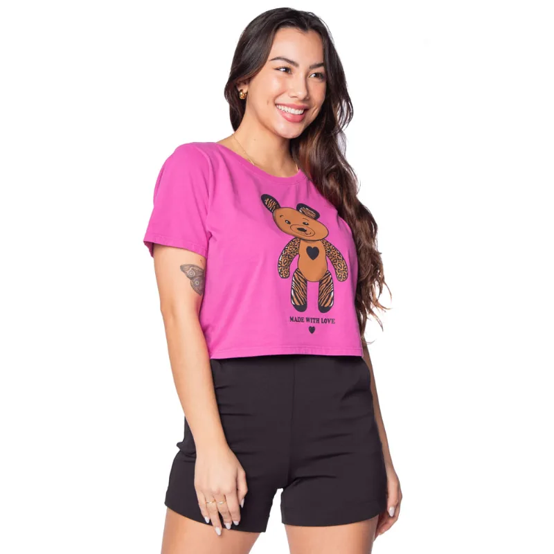 Camiseta Cropped Feminina Infinitto Lady Bear Pink - GG