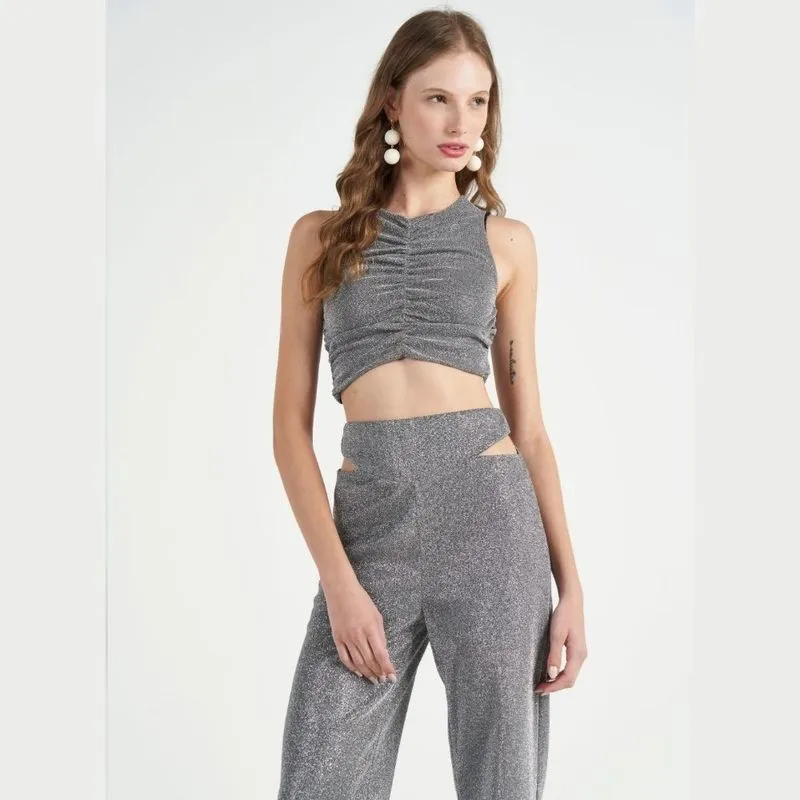 Blusa Colcci Cropped Com Franzido Metalizada Chumbo
