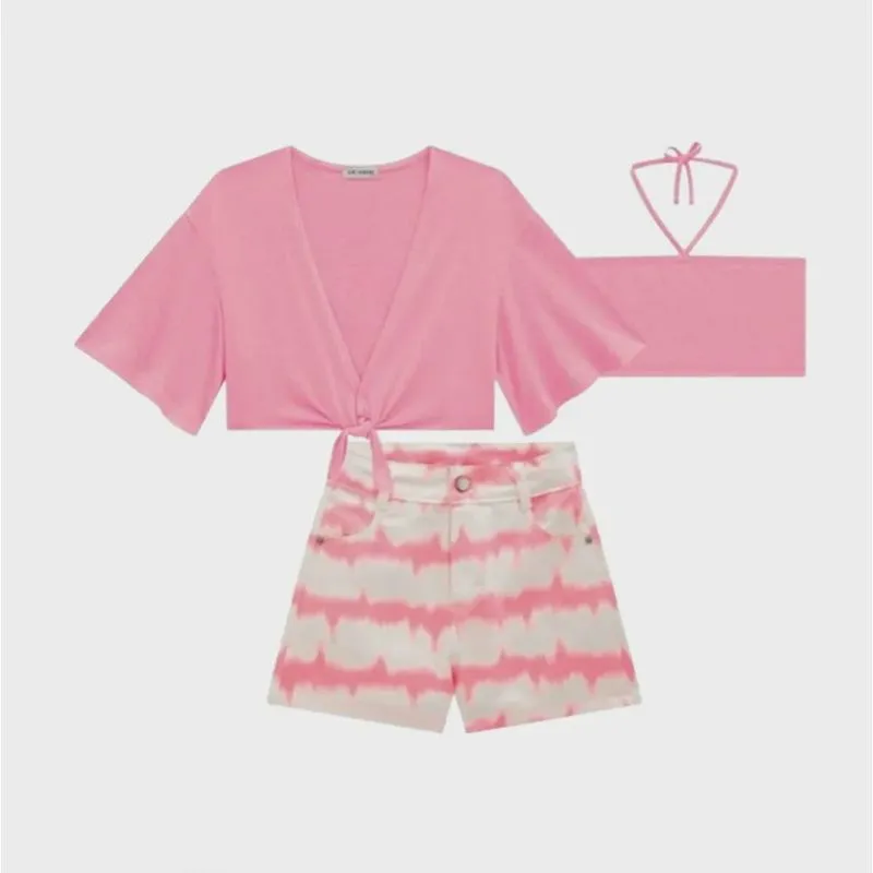 Vic Vicky Trio Top Cropped Sobreposicao e Short Rosa