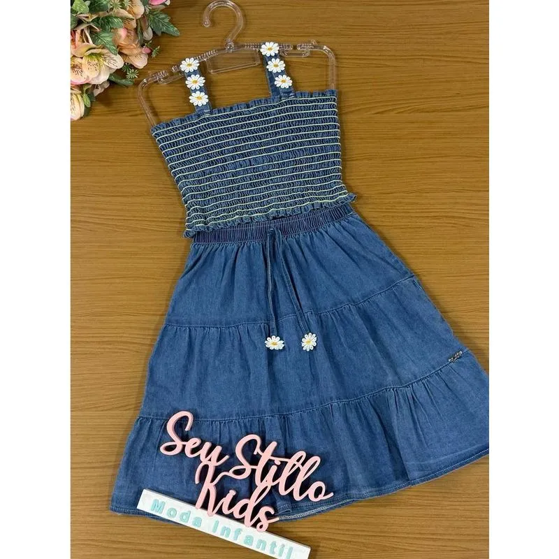Conjunto Infantil Kukie Verão Com Saia Jeans e Top Margarida