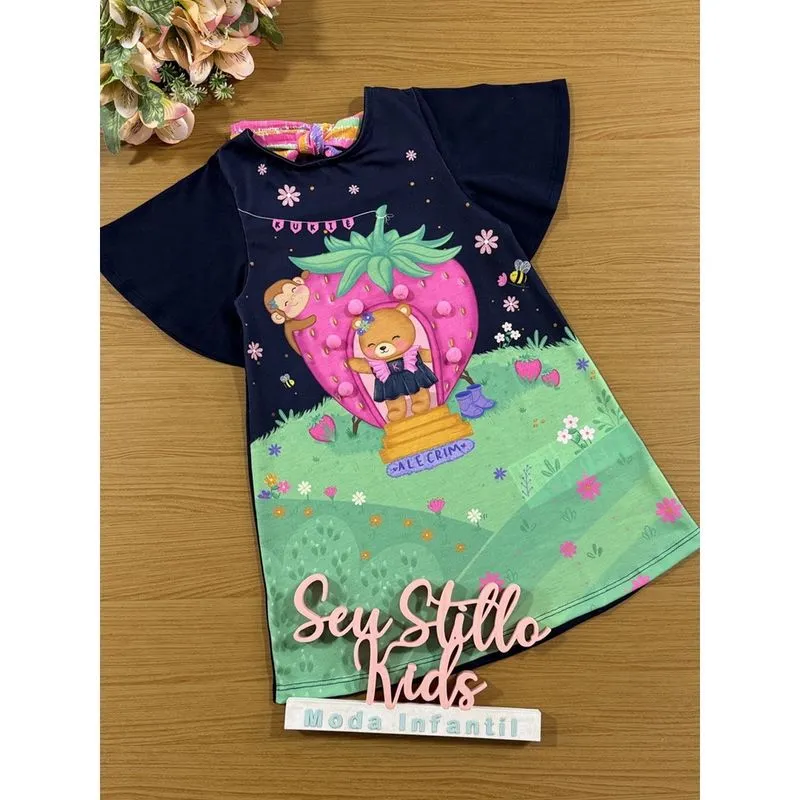 Vestido Infantil Kukie Alecrim Verão Azul Ursinho