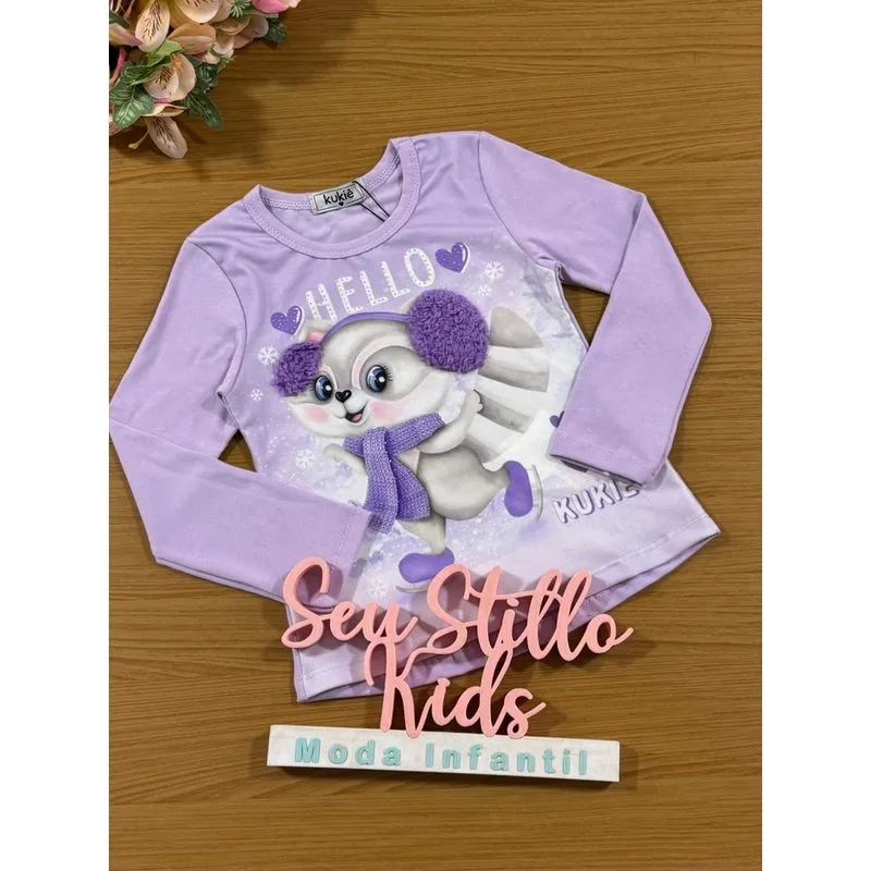 Blusa Infantil Kukie Inverno Manga Longa Lilás Guaxinim