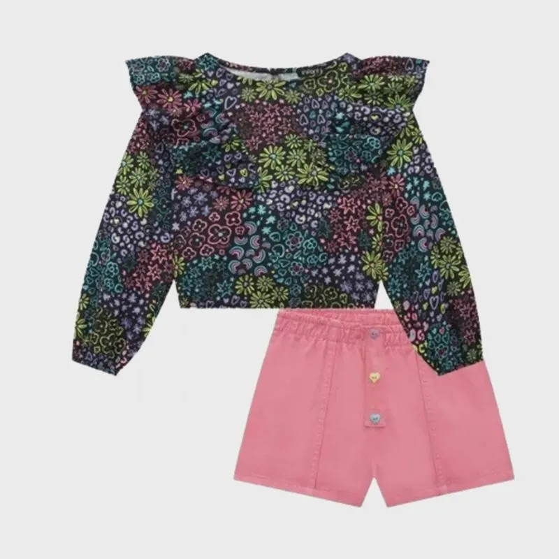 Infanti Conjunto Blusa Boxy Flow e Shorts Sarja Preto