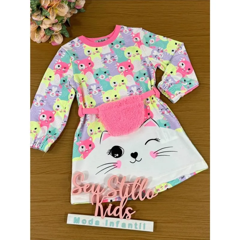 Vestido Infantil Kukie Inverno Gatinho com Pochete