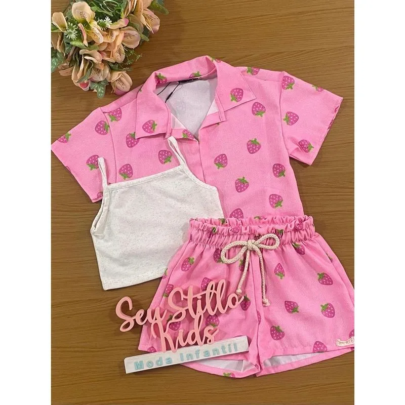 Conjunto Infantil Kukie Inverno Tropical Shorts Blusa e Top Rosa Morango