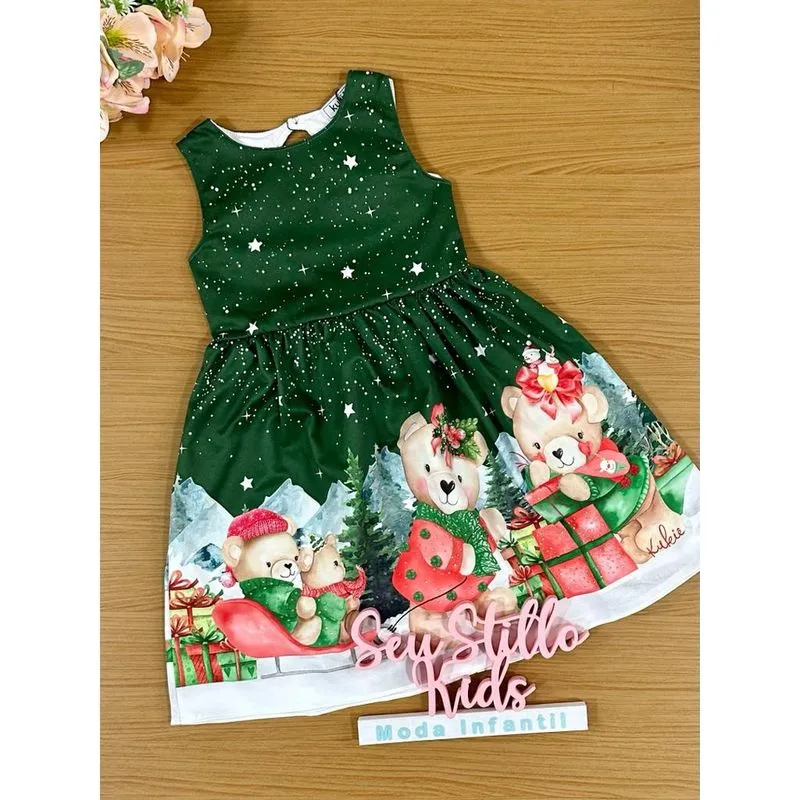 Vestido Infantil Kukie Verão Verde Natalino