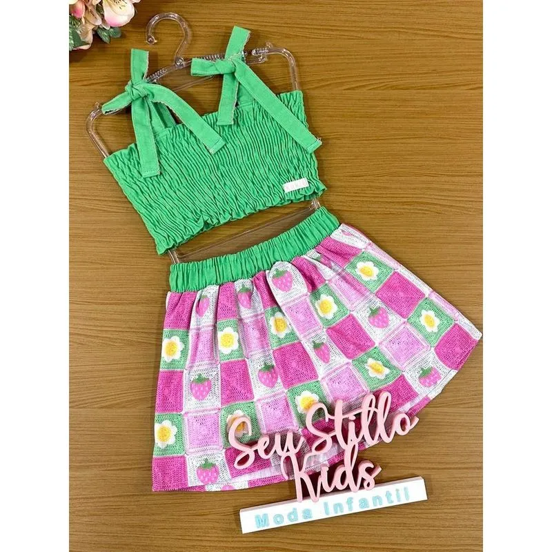 Conjunto Infantil Kukie Verão Com Cropped e Saia Primavera