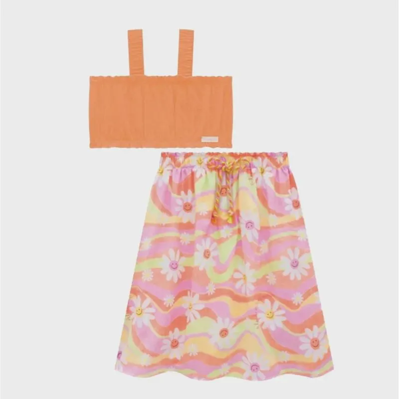 Kukie Conjunto Top Alca e Saia Flores Laranja