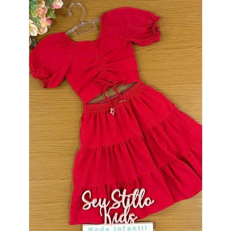 Conjunto Infantil Kukie Verão Com Saia e Cropped Vermelho Natal