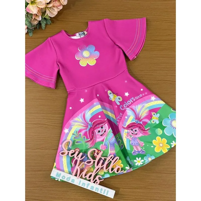 Vestido Infantil Kukie Verão Pink True Colors Mundo Encantado Trolls