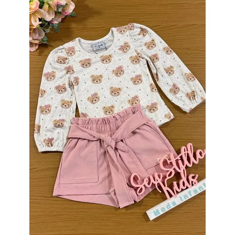 Conjunto Infantil Kukie Inverno Shorts Rosa e Blusa Ursinha