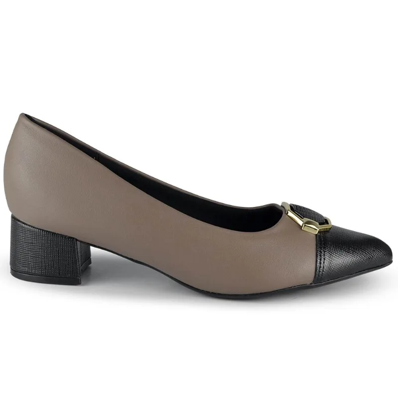 Scarpin Piccadilly Feminino Salto Baixo Bloco 739051 01 TAUPE/PRETO 38