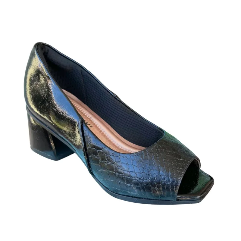 Sapato Fem Piccadilly Peep Toe Verniz/Croco Preto 715021-9 37 / Preto