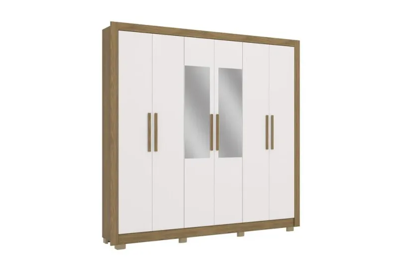 Roupeiro 06 Portas 02 Gavetas com Pés e Espelho CB01M569NGBR Nogueira/Branco - Kappesberg