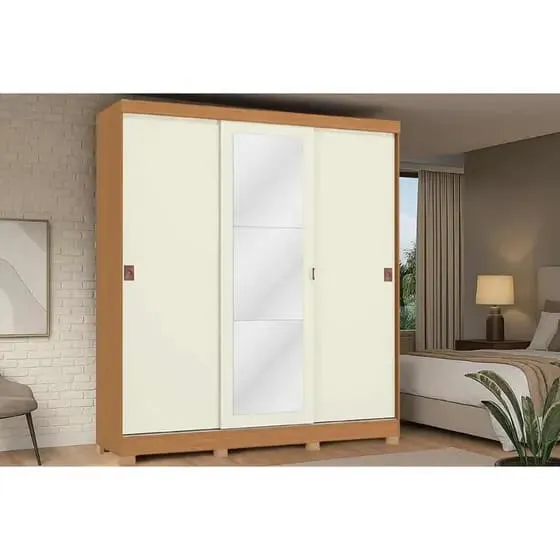 Guarda Roupa Casal 3 Portas de Correr (1 com Espelho) e 2 Gavetas CB01R589 Kappesberg Canela/Off White