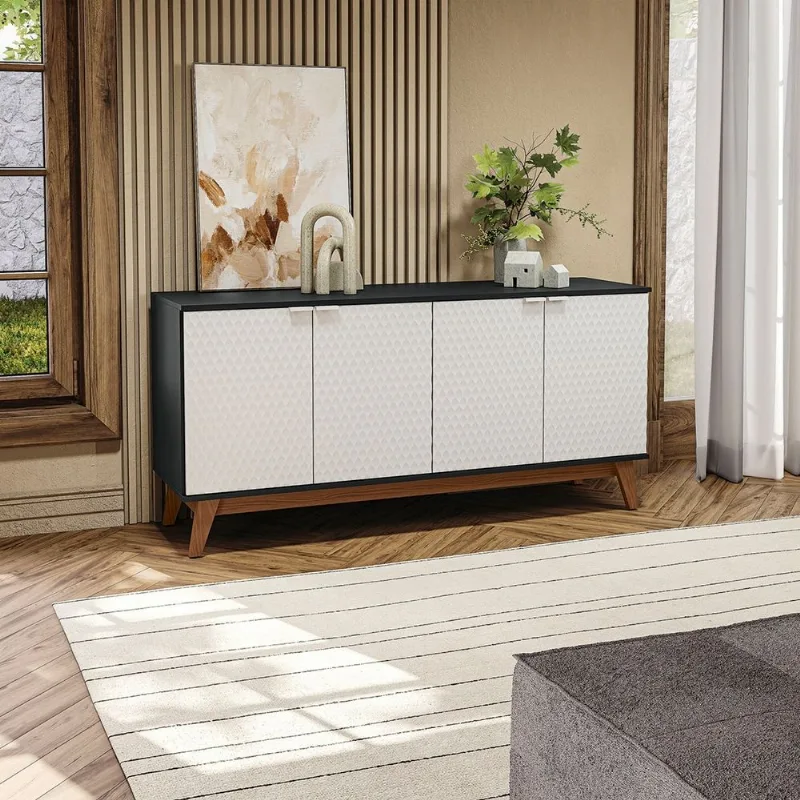 Aparador Kappesberg 4 Portas 3D Preto Fosco/Branco 156cm