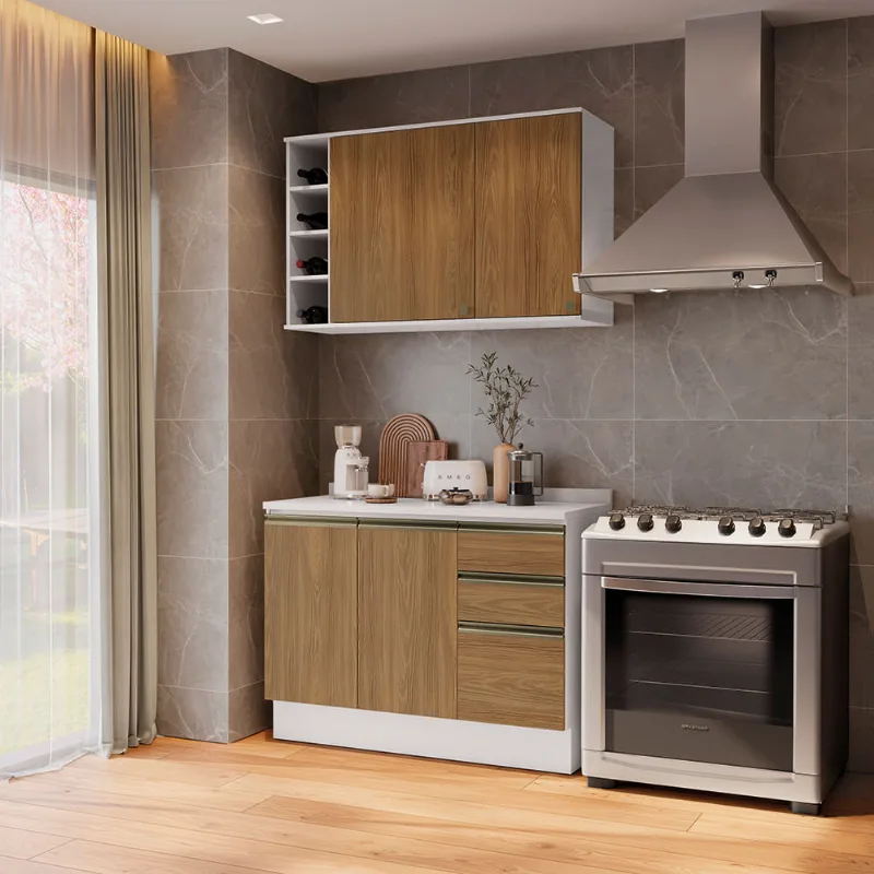 Armário de Cozinha Compacta Garrafeiro 100% MDF 120cm Branco/Nogueira Celeste Kappesberg