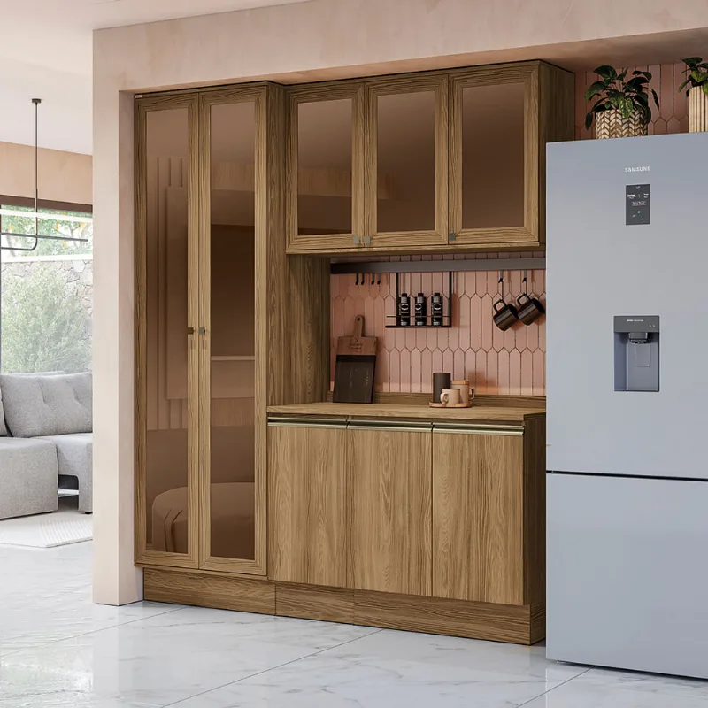 Armário de Cozinha Compacta com Vidro Reflecta 100% MDF 192cm Nogueira Celeste Kappesberg