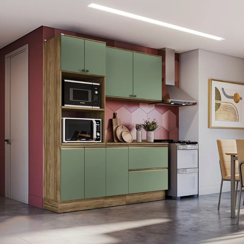 Armário de Cozinha Compacta Torre Quente 100% MDF 190cm Nogueira/Verde Celeste Kappesberg