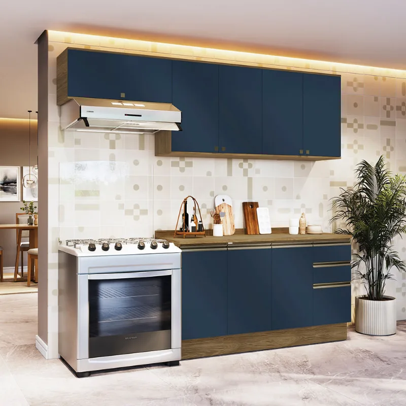 Armário de Cozinha Completa 100% MDF 240cm Nogueira/Azul Profundo Celeste Kappesberg