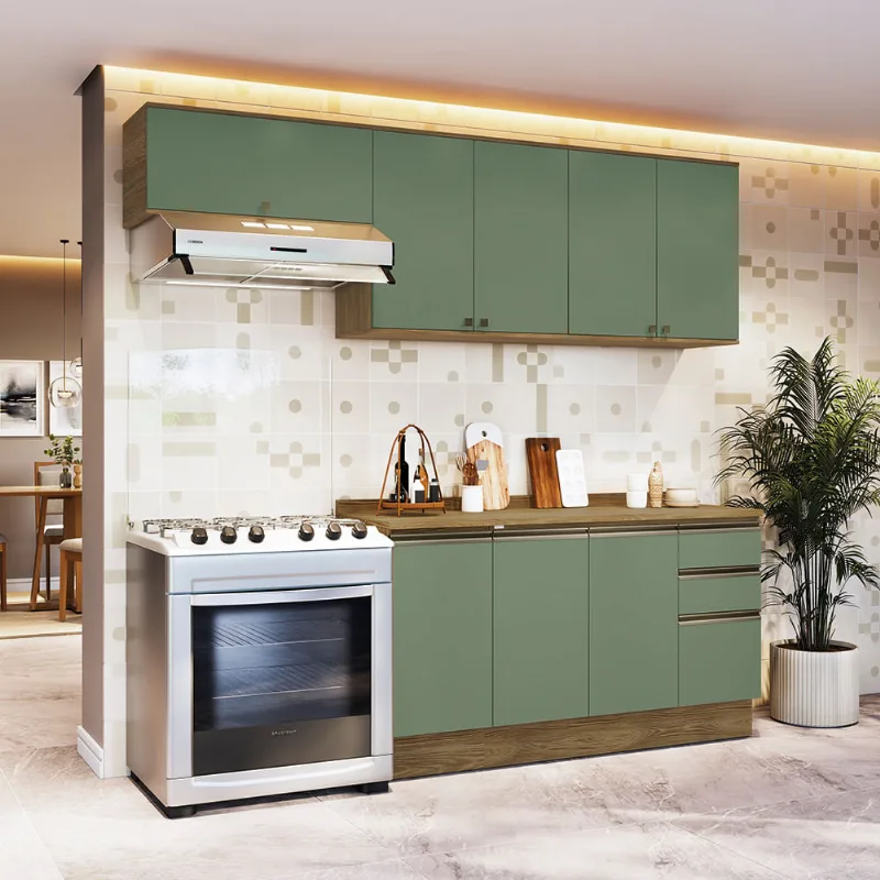 Armário de Cozinha Completa 100% MDF 240cm Nogueira/Verde Celeste Kappesberg
