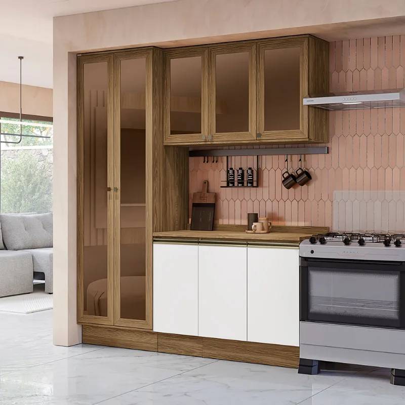 Armário de Cozinha Compacta com Vidro Reflecta 100% MDF 192cm Nogueira/Branco Celeste Kappesberg