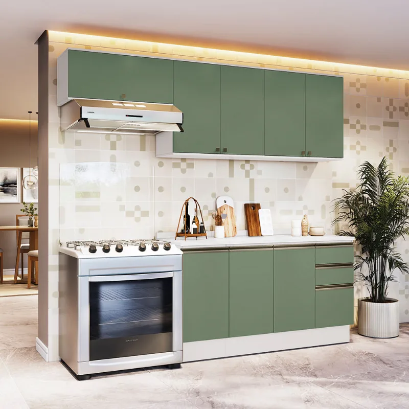 Armário de Cozinha Completa 100% MDF 240cm Branco/Verde Celeste Kappesberg