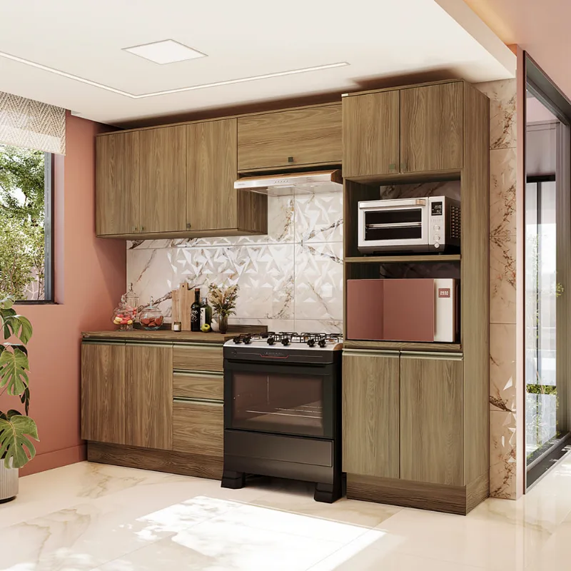 Armário de Cozinha Completa Torre Quente 100% MDF 270cm Nogueira Celeste Kappesberg