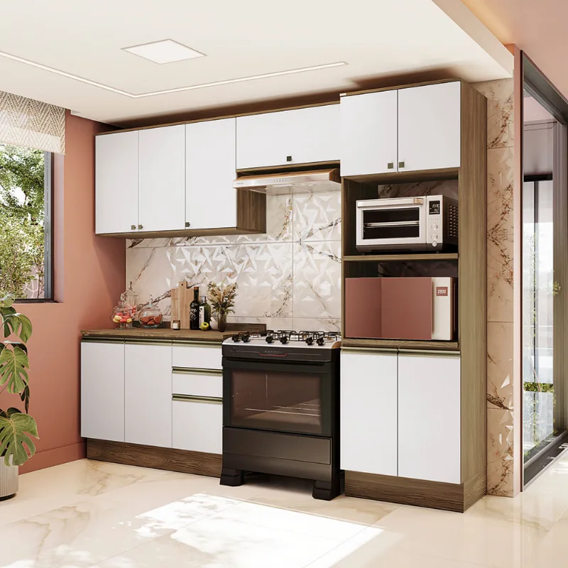Armário de Cozinha Completa Torre Quente 100% MDF 270cm Nogueira/Branco Celeste Kappesberg