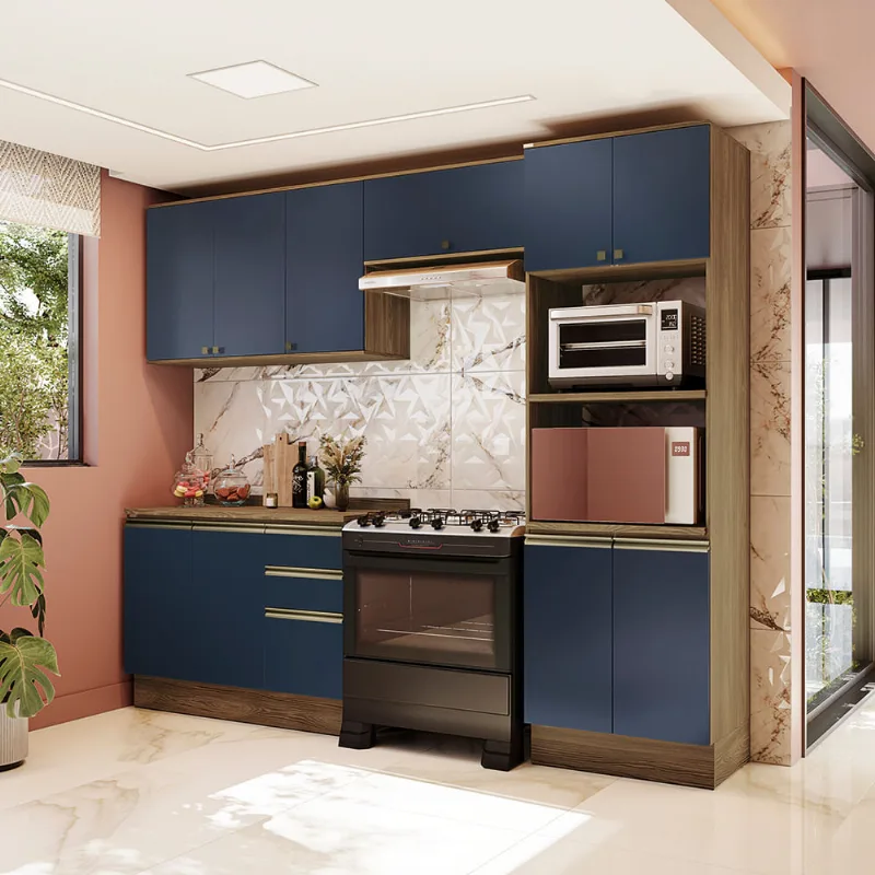 Armário de Cozinha Completa Torre Quente 100% MDF 270cm Nogueira/Azul Profundo Celeste Kappesberg