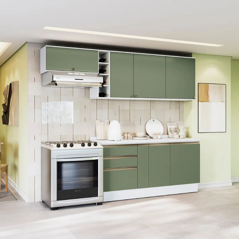 Armário de Cozinha Completa Garrafeiro 100% MDF 260cm Branco/Verde Celeste Kappesberg