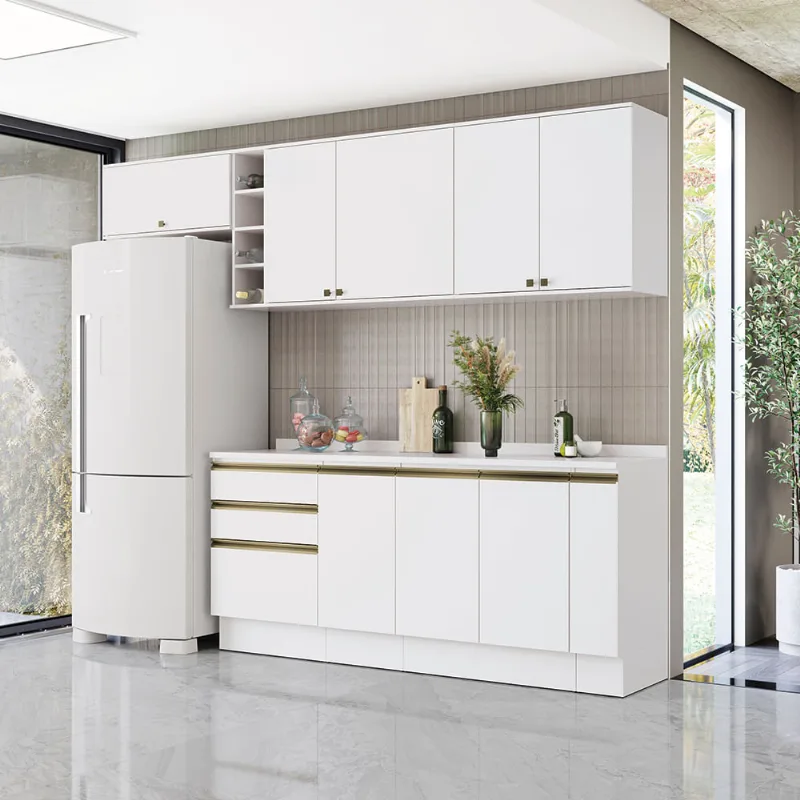 Armário de Cozinha Completa Garrafeiro 100% MDF 280cm Branco Celeste Kappesberg