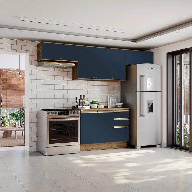 Armário de Cozinha Completa 100% MDF 280cm Nogueira/Azul Profundo Celeste Kappesberg
