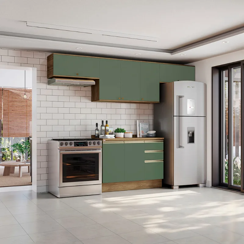 Armário de Cozinha Completa 100% MDF 280cm Nogueira/Verde Celeste Kappesberg