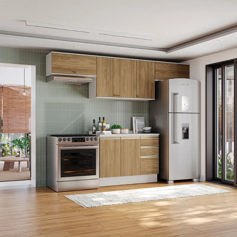 Armário de Cozinha Completa 100% MDF 280cm Branco/Nogueira Celeste Kappesberg