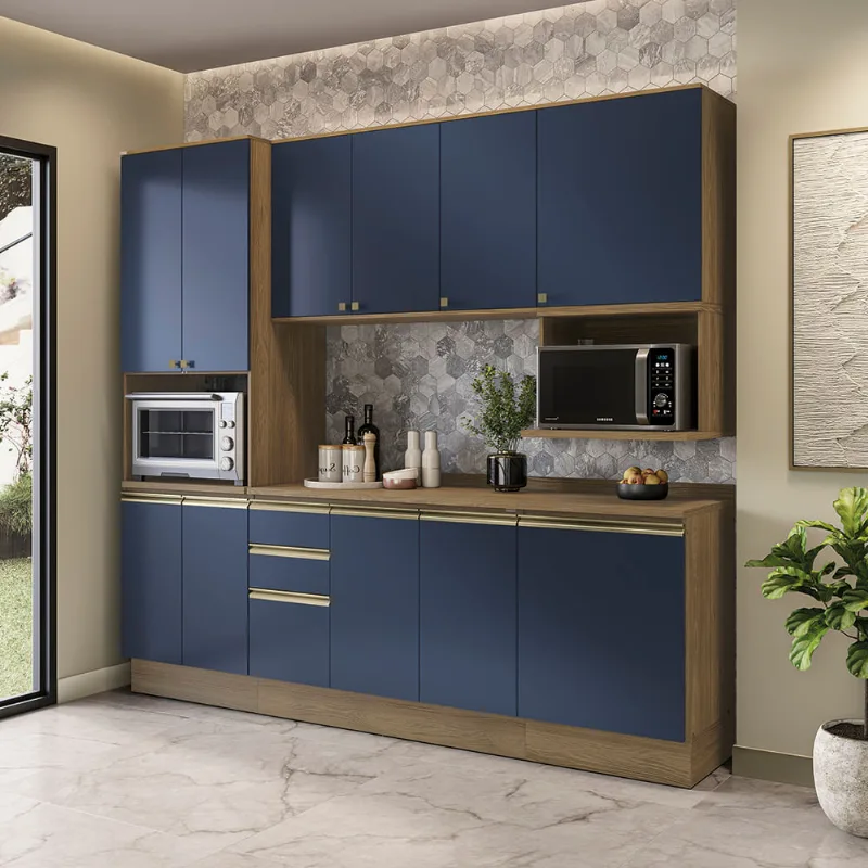Armário de Cozinha Compacta Nicho Micro-ondas 100% MDF 250cm Nogueira/Azul Profundo Celeste Kappesberg
