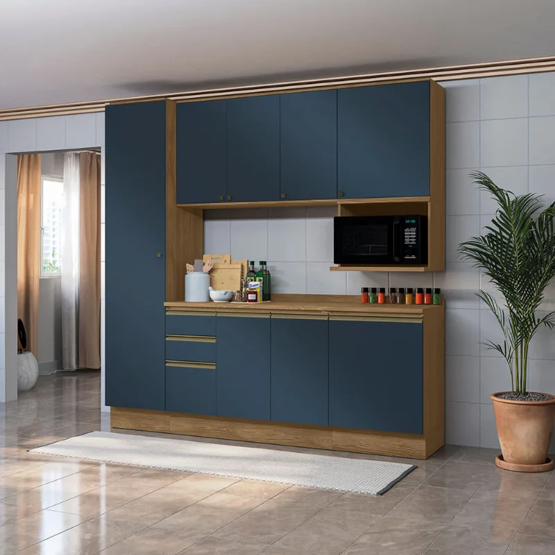 Armário de Cozinha Compacta Nicho Micro-ondas 100% MDF 230cm Nogueira/Azul Profundo Celeste Kappesberg
