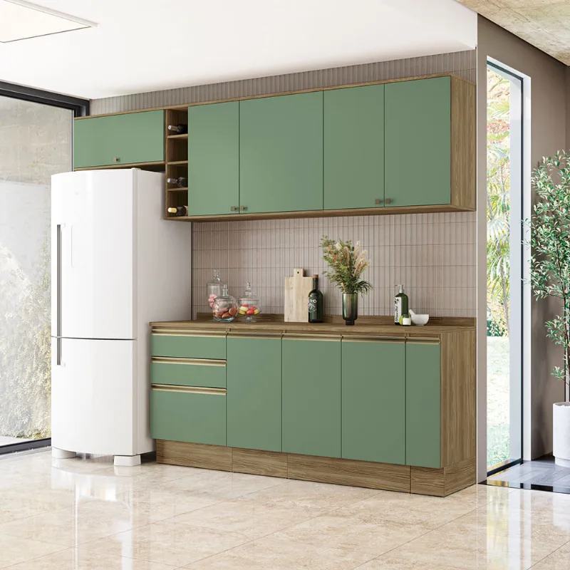 Armário de Cozinha Completa Garrafeiro 100% MDF 280cm Nogueira/Verde Celeste Kappesberg