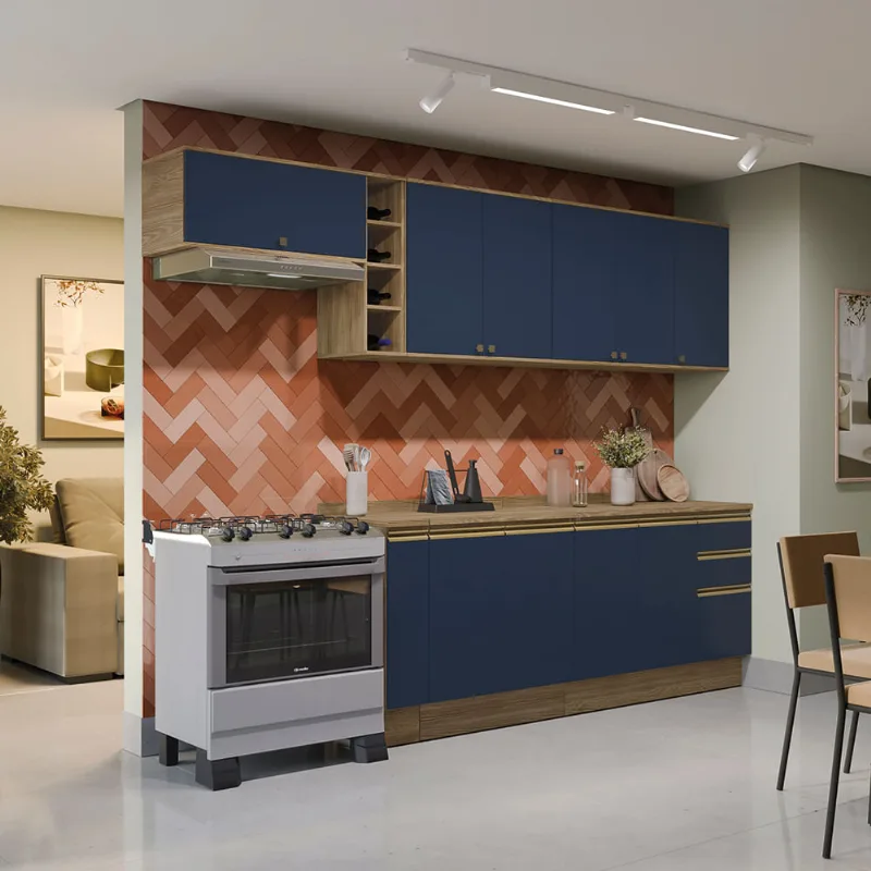 Armário de Cozinha Completa 100% MDF 300cm Nogueira/Azul Profundo Celeste Kappesberg